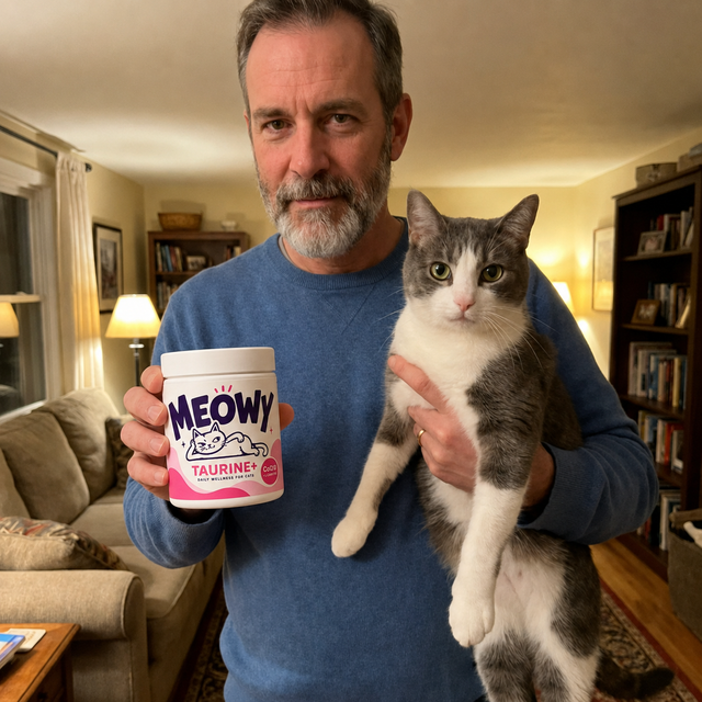 Customer photo — cat dad holding his cat and Meowy Taurine+
