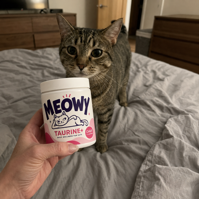 Customer photo — cat checking out the Meowy Taurine+ jar