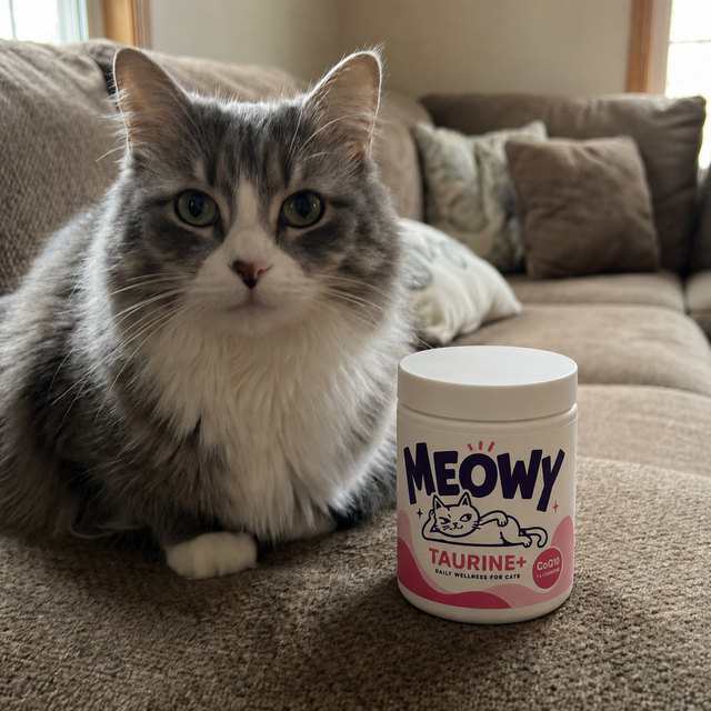 Customer photo — fluffy cat next to the Meowy Taurine+ jar