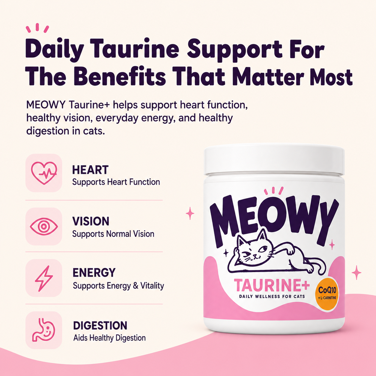 Meowy Taurine+ jar and benefits